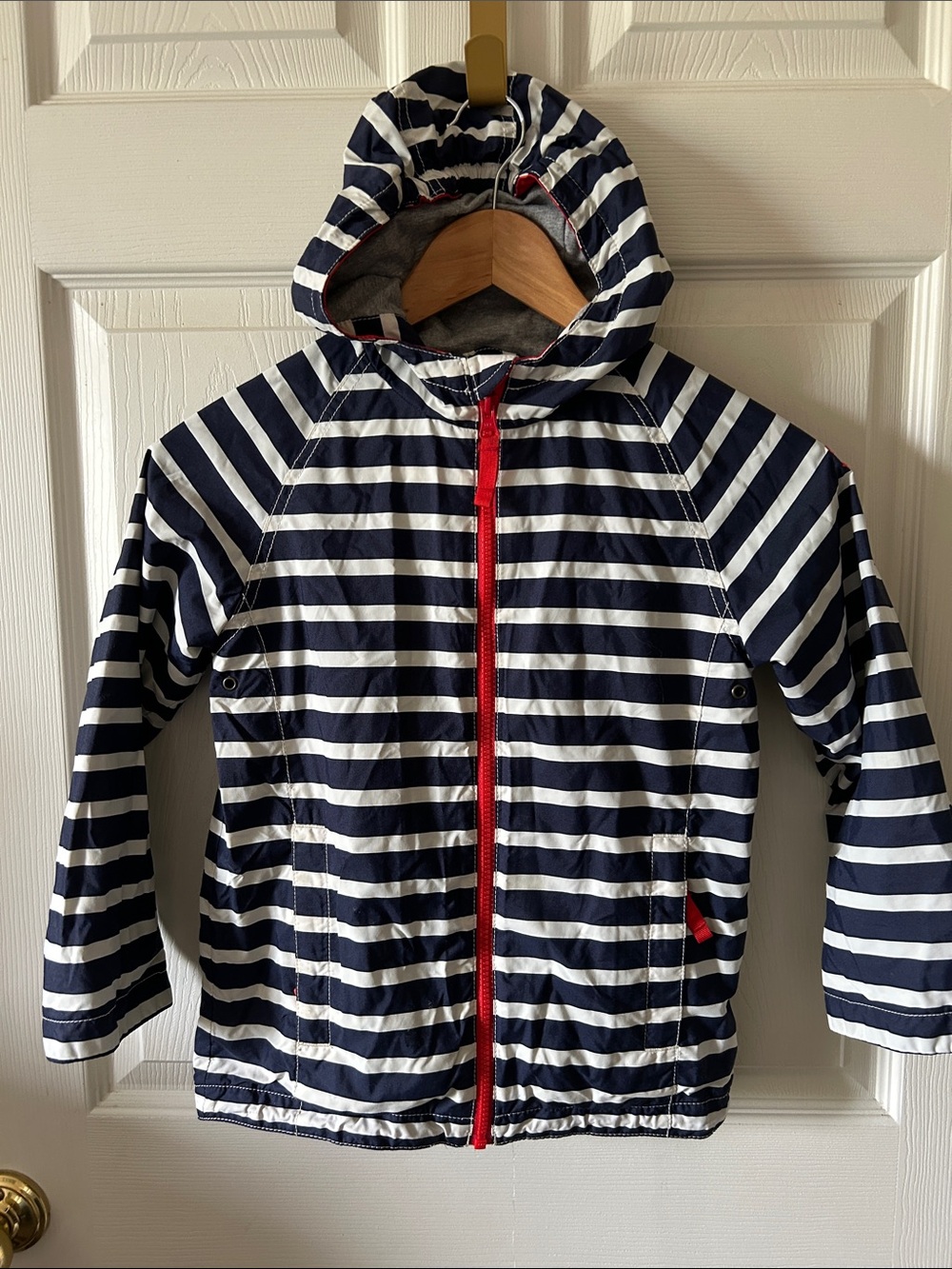 Mini Boden Kids Navy Blue & White Striped Full Zip Nautical Jacket Size 6-7Y